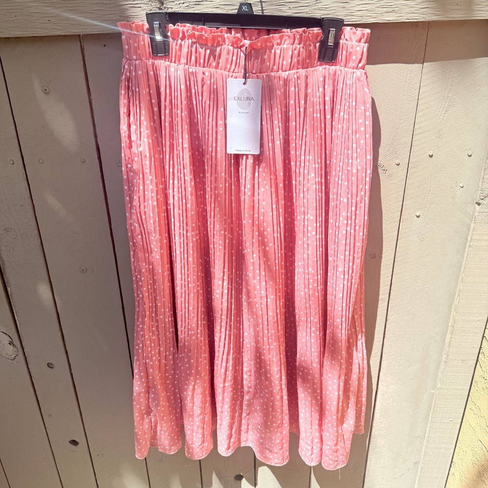 Womens xl Pleated Polka Dot Midi Skirt Pink Paperbag Elastic Waist‎ flowy Preppy